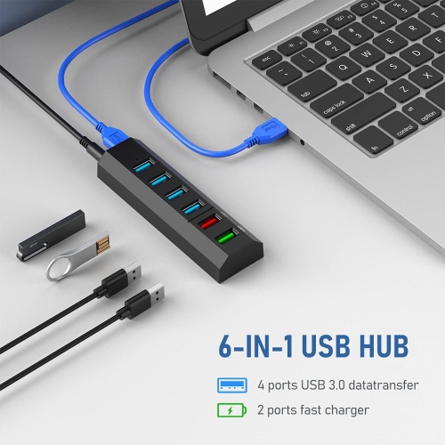 USB Hub, 6 Ports Super High Speed USB 3.0 Hub Splitter + 24W Power Adapter + USB 3.0 Cable, Black Smart Fast Charger USB Hub Powered for Laptop, Mac,