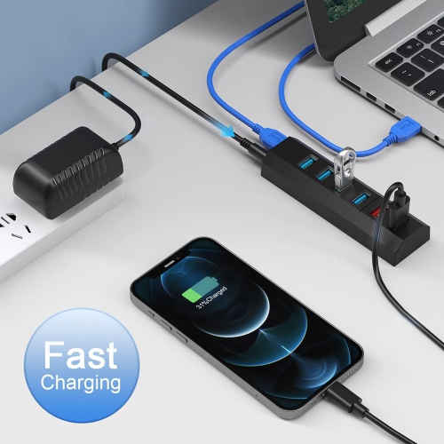 USB Hub, 6 Ports Super High Speed USB 3.0 Hub Splitter + 24W Power Adapter + USB 3.0 Cable, Black Smart Fast Charger USB Hub Powered for Laptop, Mac,