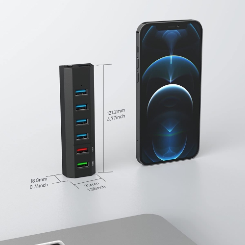 USB Hub, 6 Ports Super High Speed USB 3.0 Hub Splitter + 24W Power Adapter + USB 3.0 Cable, Black Smart Fast Charger USB Hub Powered for Laptop, Mac,