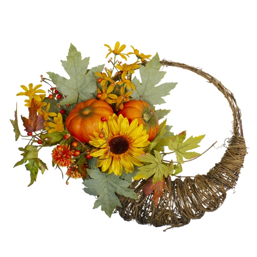 Cornucopia and Sunflower with Pumpkins Artificial Thanksgiving Wreath - 20-Inch, Unlit