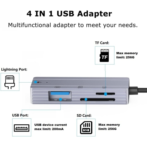 Lecteur de cartes Lightning vers SD pour appareil photo [certifié MFi Apple] , Adaptateur OTG 4-EN-1 USB femelle pour iPhone 13 12 11 XR X XS 8 7