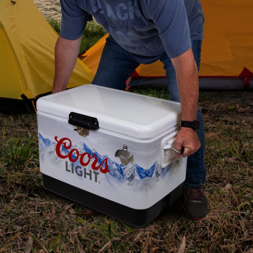 Coors Light Ice Chest Beverage Cooler with Bottle Opener, 51L, 85 Can steel-belted Portable Cooler, White and Black, for Camping, Beach, RV, BBQs,