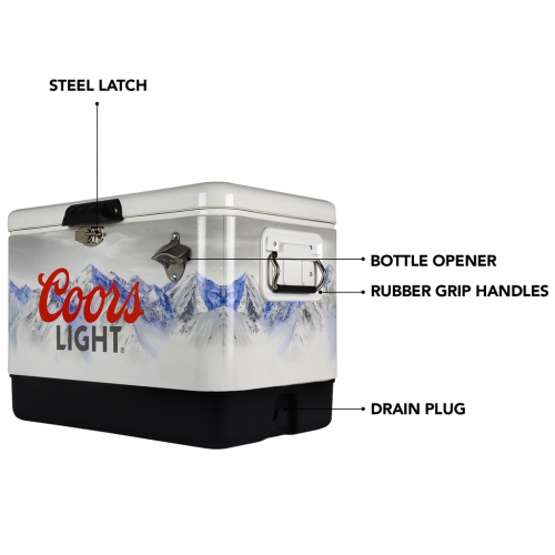 Coors Light Ice Chest Beverage Cooler with Bottle Opener, 51L, 85 Can steel-belted Portable Cooler, White and Black, for Camping, Beach, RV, BBQs,