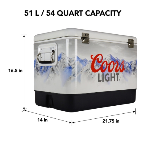 Coors Light Ice Chest Beverage Cooler with Bottle Opener, 51L, 85 Can steel-belted Portable Cooler, White and Black, for Camping, Beach, RV, BBQs,