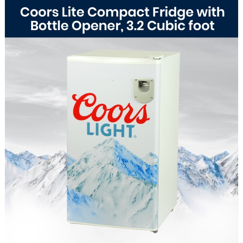 Coors Light Rocky Mountain Compact Fridge with Bottle Opener, 90 L/ 95 Quart 3.2 Cubic Foot for Snacks, Beverages, Juice, Beer, Den, Dorm, Office,