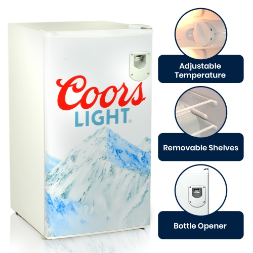 Coors Light Rocky Mountain Compact Fridge with Bottle Opener, 90 L/ 95 Quart 3.2 Cubic Foot for Snacks, Beverages, Juice, Beer, Den, Dorm, Office,