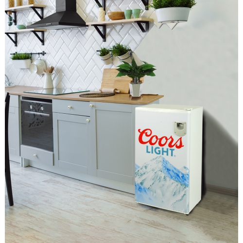 Coors Light Rocky Mountain Compact Fridge with Bottle Opener, 90 L/ 95 Quart 3.2 Cubic Foot for Snacks, Beverages, Juice, Beer, Den, Dorm, Office,