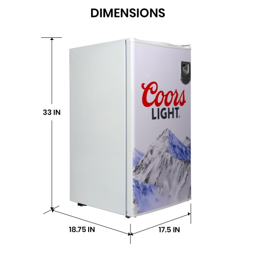 Coors Light Rocky Mountain Compact Fridge with Bottle Opener, 90 L/ 95 Quart 3.2 Cubic Foot for Snacks, Beverages, Juice, Beer, Den, Dorm, Office,