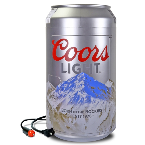 COORS LIGHT  8 Can Portable Mini Fridge W/ 12V Dc And 110V Ac Cords, 5.4L (5.7 Qt) Beer Can Shaped Personal Cooler, Silver, Travel Fridge for Beer