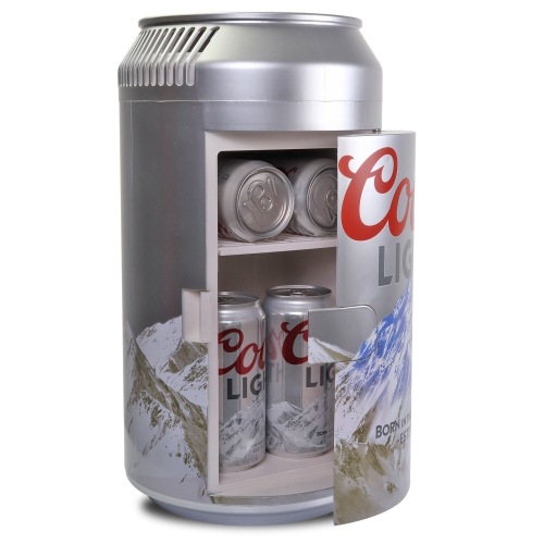 Coors Light 8 Can Portable Mini Fridge w/ 12V DC and 110V AC Cords, 5.4L Beer Can Shaped Personal Cooler, Silver, Travel Fridge for Beer, Snacks,
