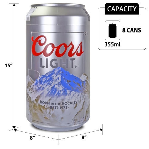Coors Light 8 Can Portable Mini Fridge w/ 12V DC and 110V AC Cords, 5.4L Beer Can Shaped Personal Cooler, Silver, Travel Fridge for Beer, Snacks,