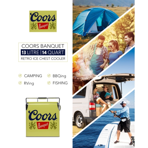Coors Banquet Retro Ice Chest Cooler with Bottle Opener 13L, 18 Can Capacity, Yellow and Silver, Vintage Style Ice Bucket for Camping, Beach, Picnic,