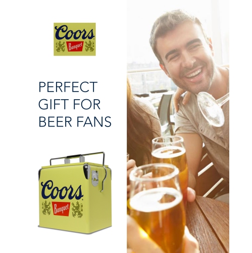 Coors Banquet Retro Ice Chest Cooler with Bottle Opener 13L, 18 Can Capacity, Yellow and Silver, Vintage Style Ice Bucket for Camping, Beach, Picnic,