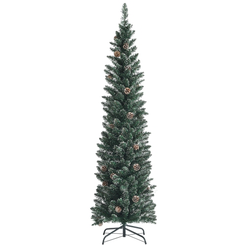 COSTWAY  Unlit Snowy Pvc Artificial Slim Christmas Pencil Tree W/ Pine Cones