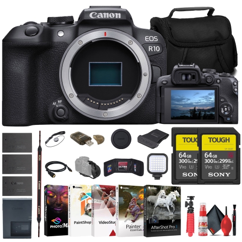 CANON  Eos R10 Mirrorless Camera + 2 X Sony 64GB Tough Sd Card + Bag + More