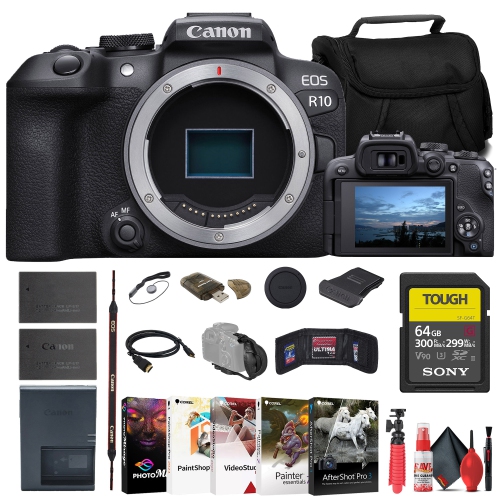 Appareil photo sans miroir EOS R10 de Canon + carte SD ROBUSTE 64 Go de Sony + sac + chargeur + plus
