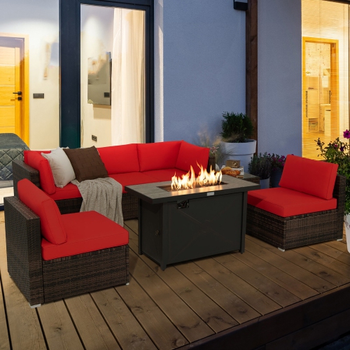 Gymax 7PCS Patio Rattan Furniture Set Fire Pit Table Cover Cushion