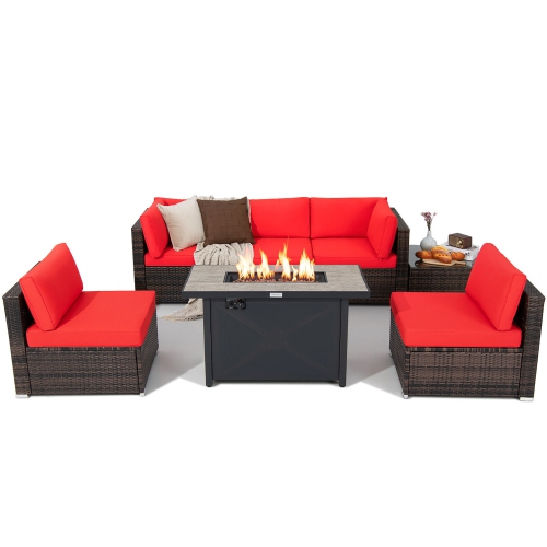Gymax 7PCS Patio Rattan Furniture Set Fire Pit Table Cover Cushion