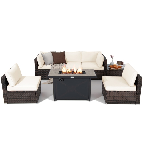 Gymax 7PCS Patio Rattan Furniture Set Fire Pit Table Cover Cushion