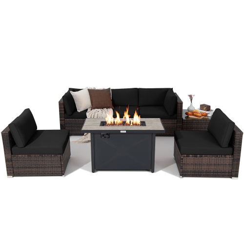 Gymax 7PCS Patio Rattan Furniture Set Fire Pit Table Cover Cushion