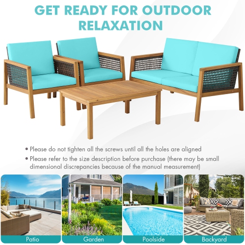 Ensemble de Meubles en Bois d'Acacia de Patio de Marque Gymax 8 pièces Ensemble de Salon en plastique PE aspect rotin avec coussins Turquoise