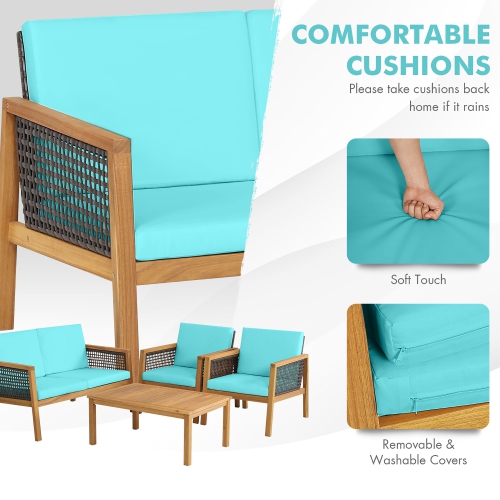 Ensemble de Meubles en Bois d'Acacia de Patio de Marque Gymax 8 pièces Ensemble de Salon en plastique PE aspect rotin avec coussins Turquoise