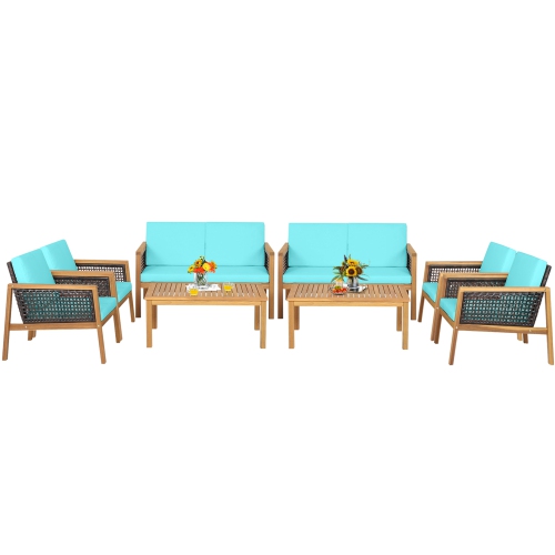 Ensemble de Meubles en Bois d'Acacia de Patio de Marque Gymax 8 pièces Ensemble de Salon en plastique PE aspect rotin avec coussins Turquoise