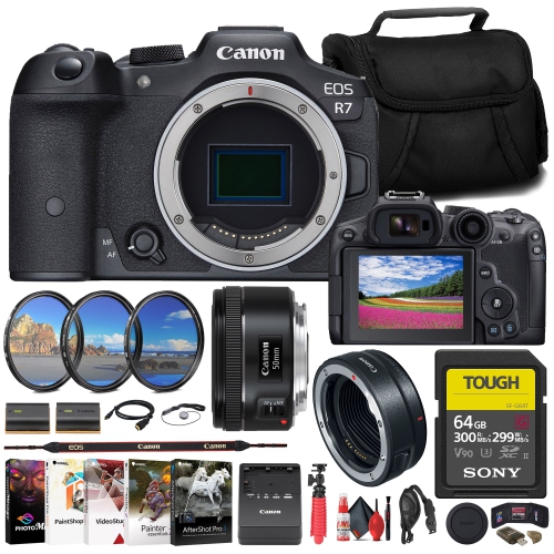 CANON  Eos R7 Mirrorless Camera + Ef 50MM Lens + 64GB Tough Card + More