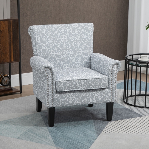 HOMCOM Modern Accent Chair, Upholstered Linen Fabric Armchair with Rolled Armrest, Wingback Chair with Rubber Wood Legs, Nailhead Trim and Thick