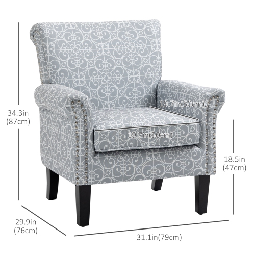HOMCOM Modern Accent Chair, Upholstered Linen Fabric Armchair with Rolled Armrest, Wingback Chair with Rubber Wood Legs, Nailhead Trim and Thick