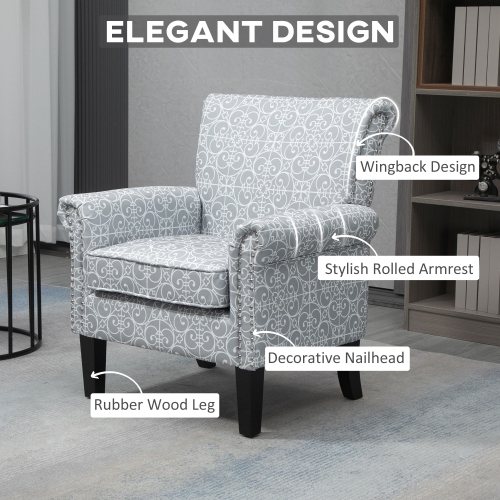 HOMCOM Modern Accent Chair, Upholstered Linen Fabric Armchair with Rolled Armrest, Wingback Chair with Rubber Wood Legs, Nailhead Trim and Thick