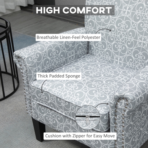 HOMCOM Modern Accent Chair, Upholstered Linen Fabric Armchair with Rolled Armrest, Wingback Chair with Rubber Wood Legs, Nailhead Trim and Thick