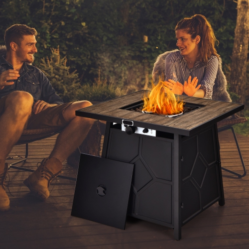 Patiojoy Outdoor Propane Fire Pit Table 28" Square Gas Fire Table with Removable Lid Lava Stone