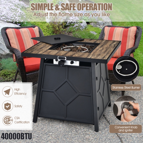 Patiojoy Outdoor Propane Fire Pit Table 28" Square Gas Fire Table with Removable Lid Lava Stone
