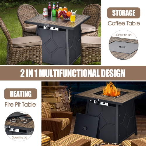 Patiojoy Outdoor Propane Fire Pit Table 28" Square Gas Fire Table with Removable Lid Lava Stone
