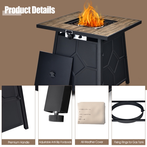 Patiojoy Outdoor Propane Fire Pit Table 28" Square Gas Fire Table with Removable Lid Lava Stone
