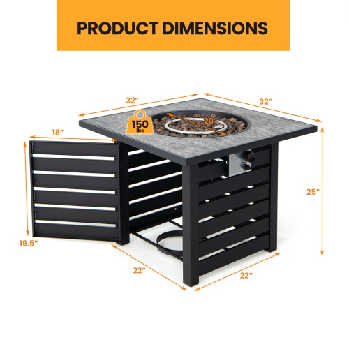 Patiojoy 32"Propane Fire Pit Table Square Tabletop Auto-Ignition W/ Rain Cover Lava Rocks