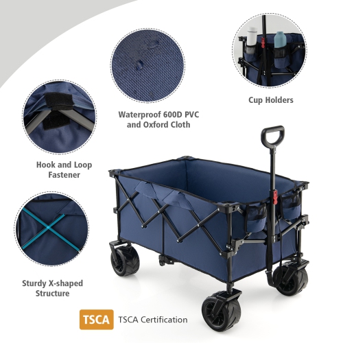 Topbuy Collapsible Folding Outdoor Utility Wagon with Cover Bag Outdoor Camping Garden Cart with Telescoping Handle Black/Blue