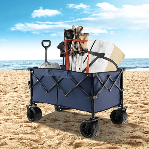 Topbuy Collapsible Folding Outdoor Utility Wagon with Cover Bag Outdoor Camping Garden Cart with Telescoping Handle Black/Blue