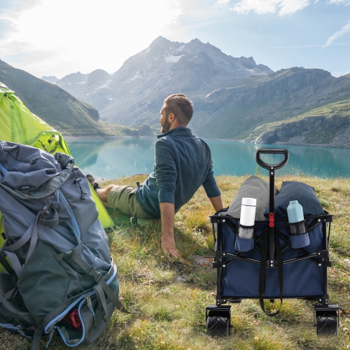 Topbuy Collapsible Folding Outdoor Utility Wagon with Cover Bag Outdoor Camping Garden Cart with Telescoping Handle Black/Blue