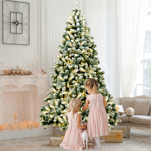 Topbuy 4.5FT/6FT/7.5FT Pre-lit Artificial Hinged Christmas Pine Tree Snow Flocked Decoration Tree