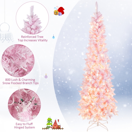 Topbuy 7FT Snow Flocked Christmas Tree, Pink Pencil Christmas Tree w/300 LED Lights & 8 Lighting Modes for Festival & Party Decoration