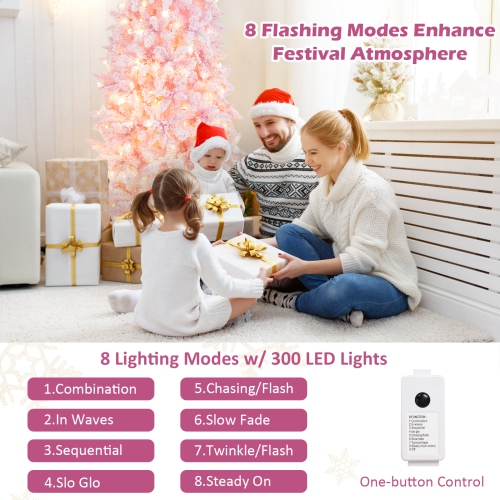 Topbuy 7FT Snow Flocked Christmas Tree, Pink Pencil Christmas Tree w/300 LED Lights & 8 Lighting Modes for Festival & Party Decoration