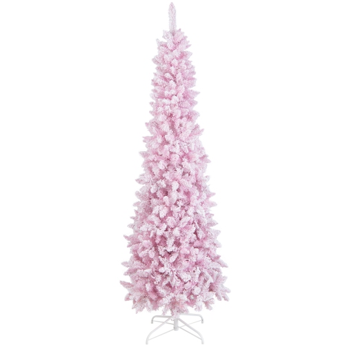 Topbuy 7FT Snow Flocked Christmas Tree, Pink Pencil Christmas Tree w/300 LED Lights & 8 Lighting Modes for Festival & Party Decoration