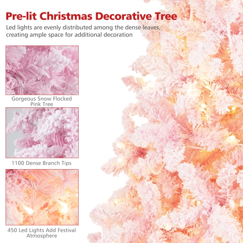 Topbuy 7.5FT Snow Flocked Pre-lit Christmas Tree, Artificial Snow Flocked Christmas Tree w/450 LED Lights for Festival & Party