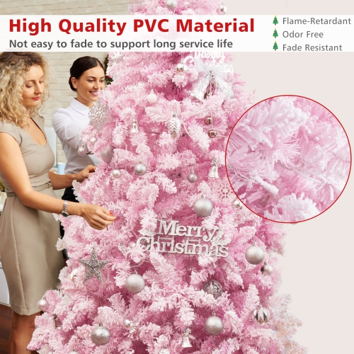 Topbuy 7.5FT Snow Flocked Pre-lit Christmas Tree, Artificial Snow Flocked Christmas Tree w/450 LED Lights for Festival & Party