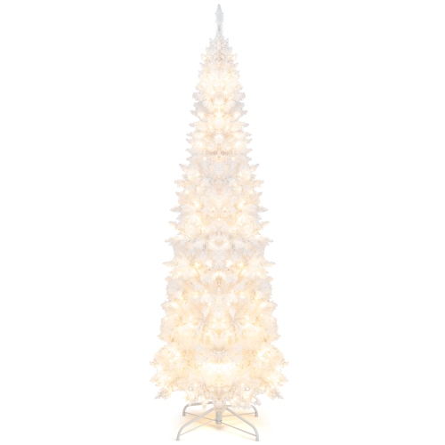 Topbuy 7 FT Pencil Pre-lit Christmas Tree, White Artificial Christmas Tree w/300 LED Lights & 8 Lighting Modes for Festival Decoration