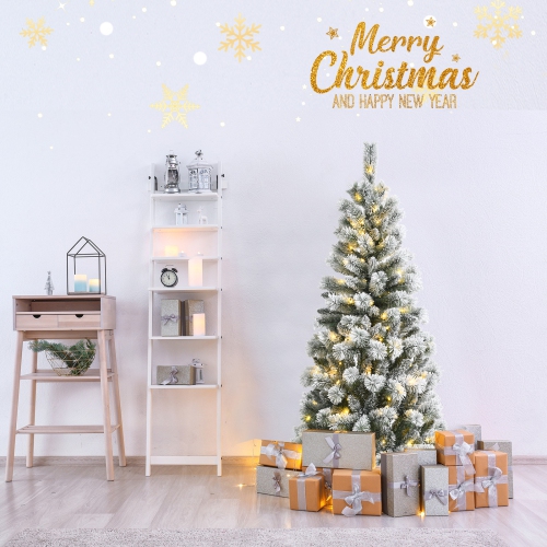 Happygrill 8FT Pre-lit Snow Flocked Christmas Pine Tree, Hinged Artificial Xmas Tree W/ 350 Remote-controlled Multi-Color Lights