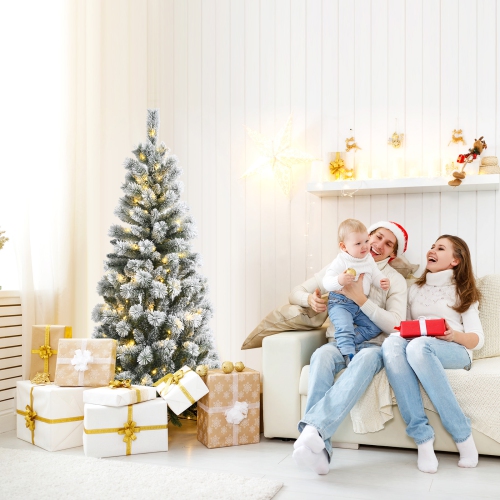 Happygrill 8FT Pre-lit Snow Flocked Christmas Pine Tree, Hinged Artificial Xmas Tree W/ 350 Remote-controlled Multi-Color Lights