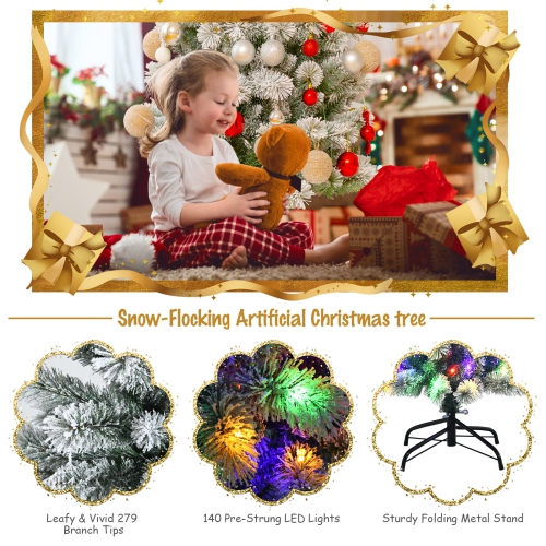 Happygrill 8FT Pre-lit Snow Flocked Christmas Pine Tree, Hinged Artificial Xmas Tree W/ 350 Remote-controlled Multi-Color Lights